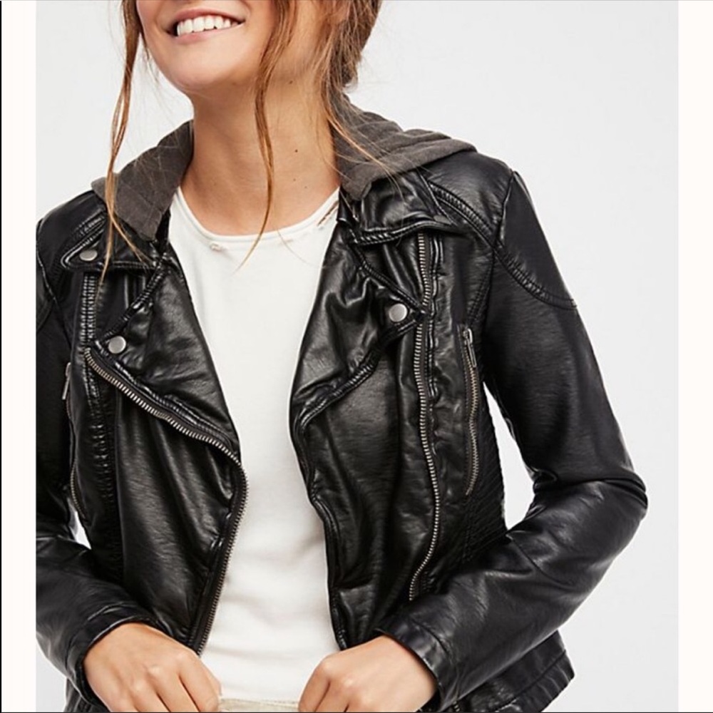 Free People - Leather Hooded Jacket